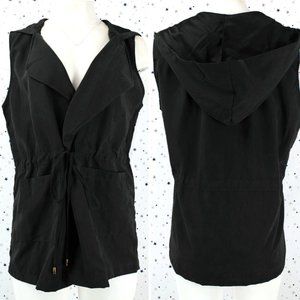 Hooded Draped Open Front Vest Black